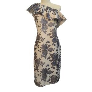 Eliza J One Shoulder Cream and Gray Floral Dress‎ - Size 10